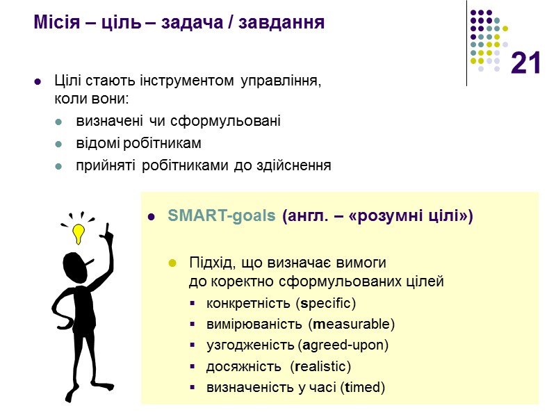 21 Місія – ціль – задача / завдання Цілі стають інструментом управління,  коли
